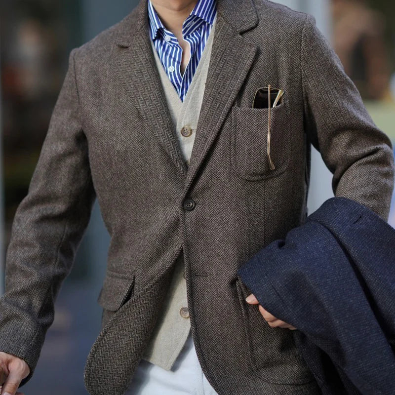 Spring Men's Peaky Blinders British Retro Tweed Wool Herringbone Hunting Casual Blazer