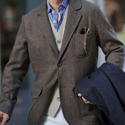 Spring Men's Peaky Blinders British Retro Tweed Wool Herringbone Hunting Casual Blazer