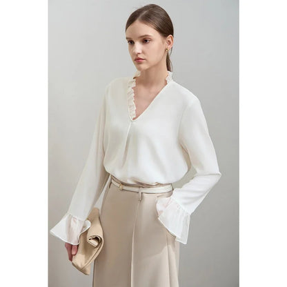 Minimalist Chiffon Shirt For Women 2025 Autumn New Office Lady V-neck Ruffle Splicing Loose Long Sleeved Blouse 12511078