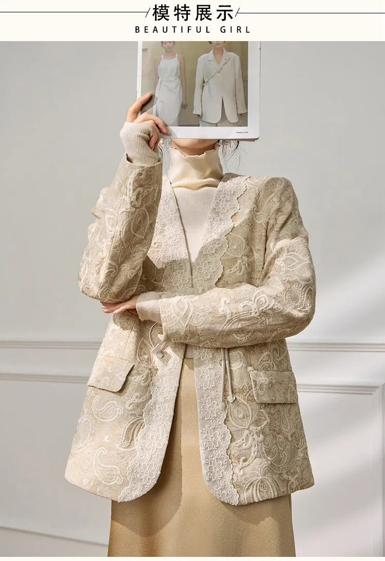 Women's Jacquard Blazer Lace Patchwork Frog Button Jacket Chinese Style Slim Fit Elegant Office Wear Spring Autumn Coat