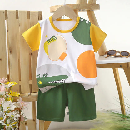 1 Sets Pure Cotton Kids Cartoon Clothing Summer Baby Fashion Short Sleeve Suits Boys Girls T-Shirts+Shorts Children Outfits