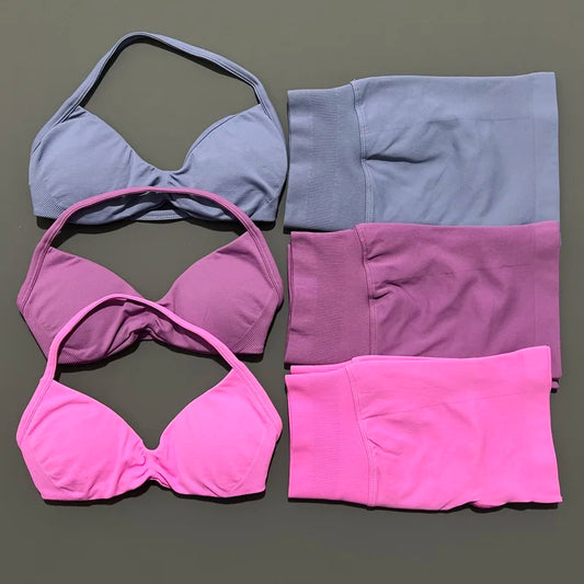 No Logo 2 Piece Impacts Gym Set Women Seamless Yoga Strappy Bra Workout Scrunch Sports Low Waist Shorts Sport Set