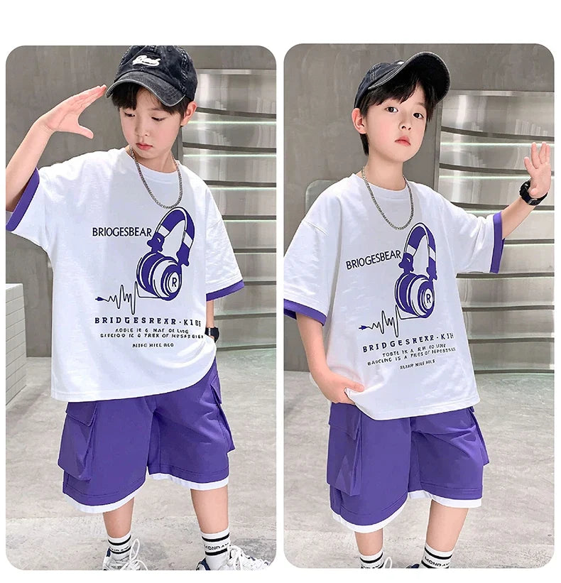 Fashion Stylish Kids Boys Top and Bottom Set Summer Tracksuit Streetwear Children New Trend Short Sleeve Clothes Suit Age 5-14 Y