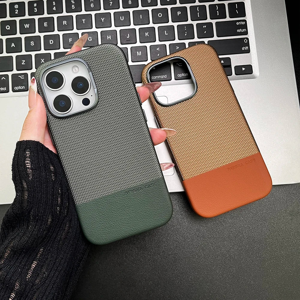for MagSafe Luxury Business Hit Color Relief Leather Case for IPhone 16 15 14 13 Pro Max Magnetic Wireless Charging Alloy Lens