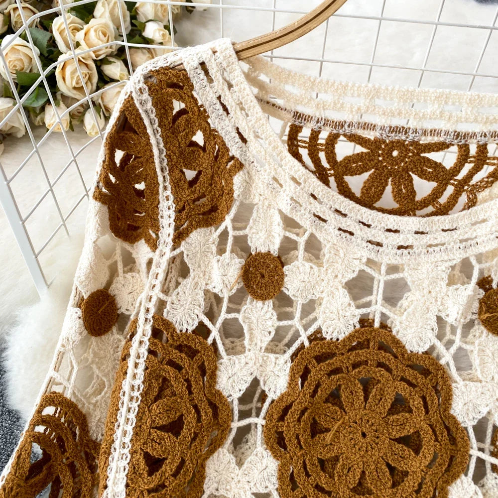 Hook Flower Hollow Out Tops Women Long Lantern Sleeves Tassels Vintage Bohemian Loose Beachwear Hotsweet Knit Blouse