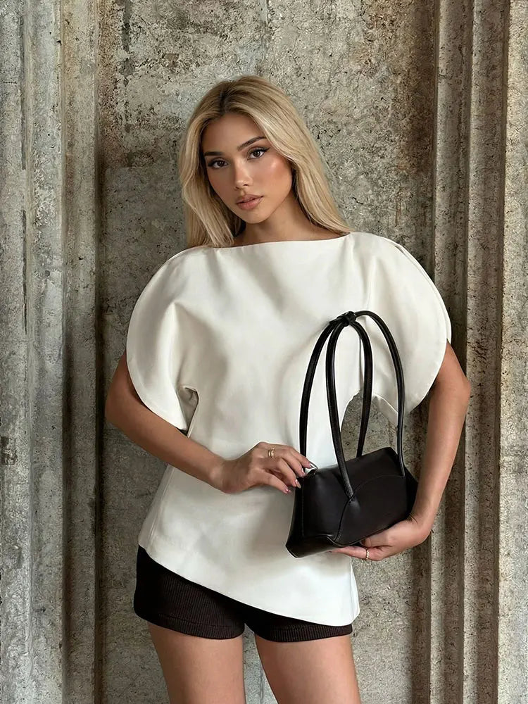 Women Casual Loose T-Shirts Asymmetrical Hem Blouse Short Puff Sleeve Shirt Elegant Woman Summer Party Vacation White Tops