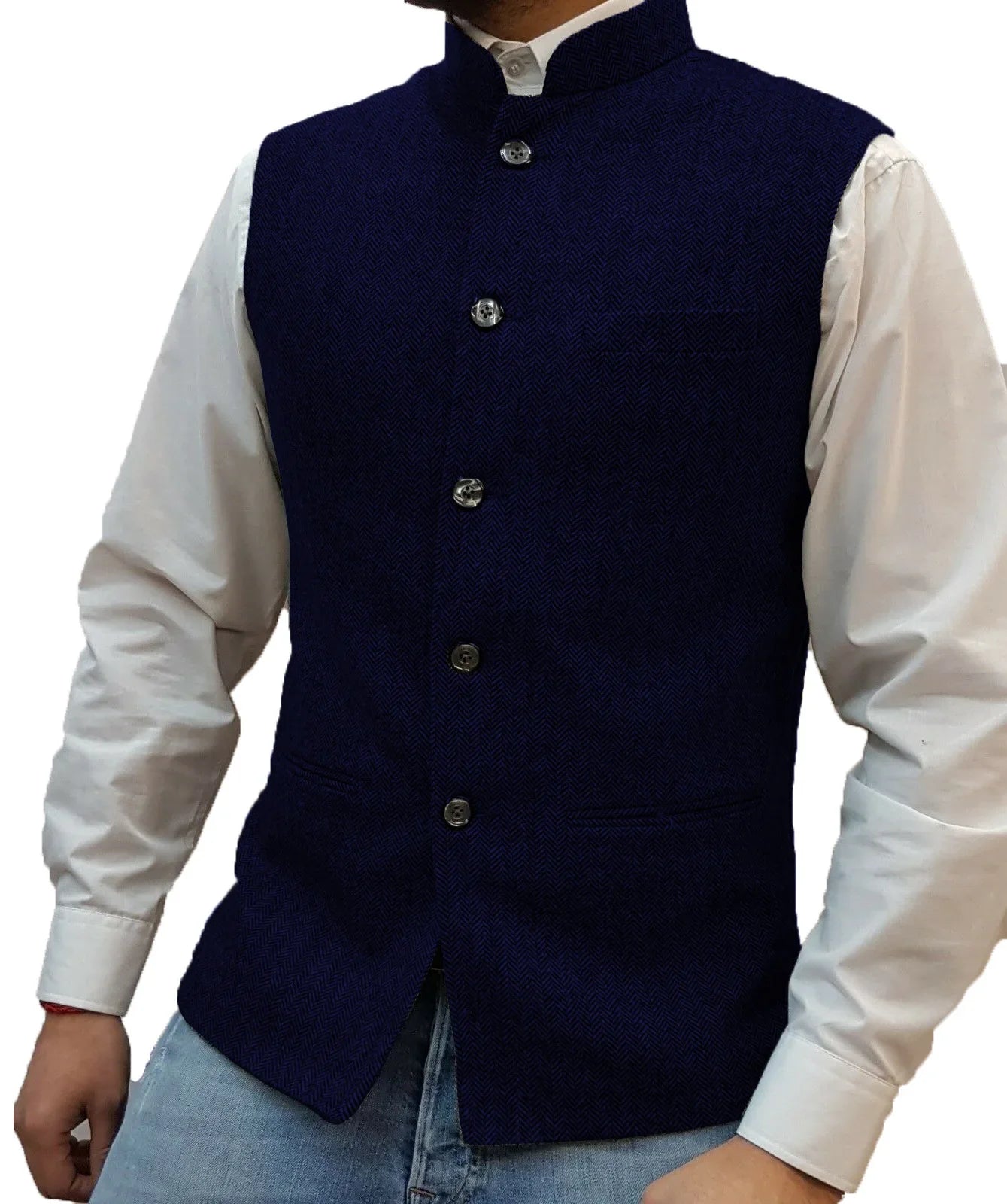 Mens Retro Vest Herringbone Wool Blended Smart Casual Stand Collar Single Breasted Waistcoat Adjustable Buckle Men's Suit Vest