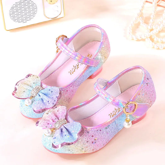 Girls Shoes New Children's Princess Single Shoes Fashion Korean Version High Heel Color Sequins Girls High Heel Leather Shoes