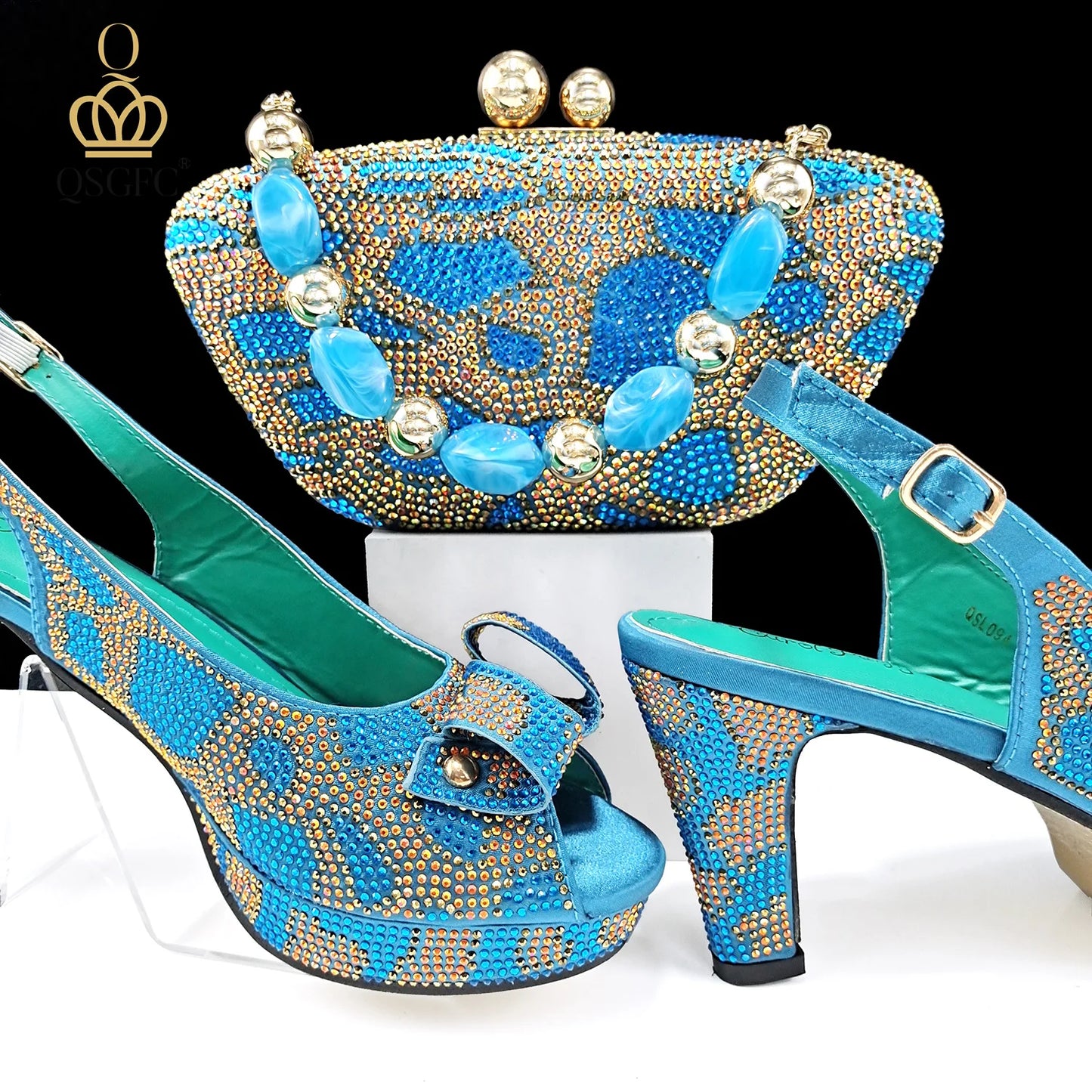 Italian Design Hard Bag & Open Toe High Heels Set Fuchsia Color Blocking Hot Rhinestones Fashion Sexy Women High Heels