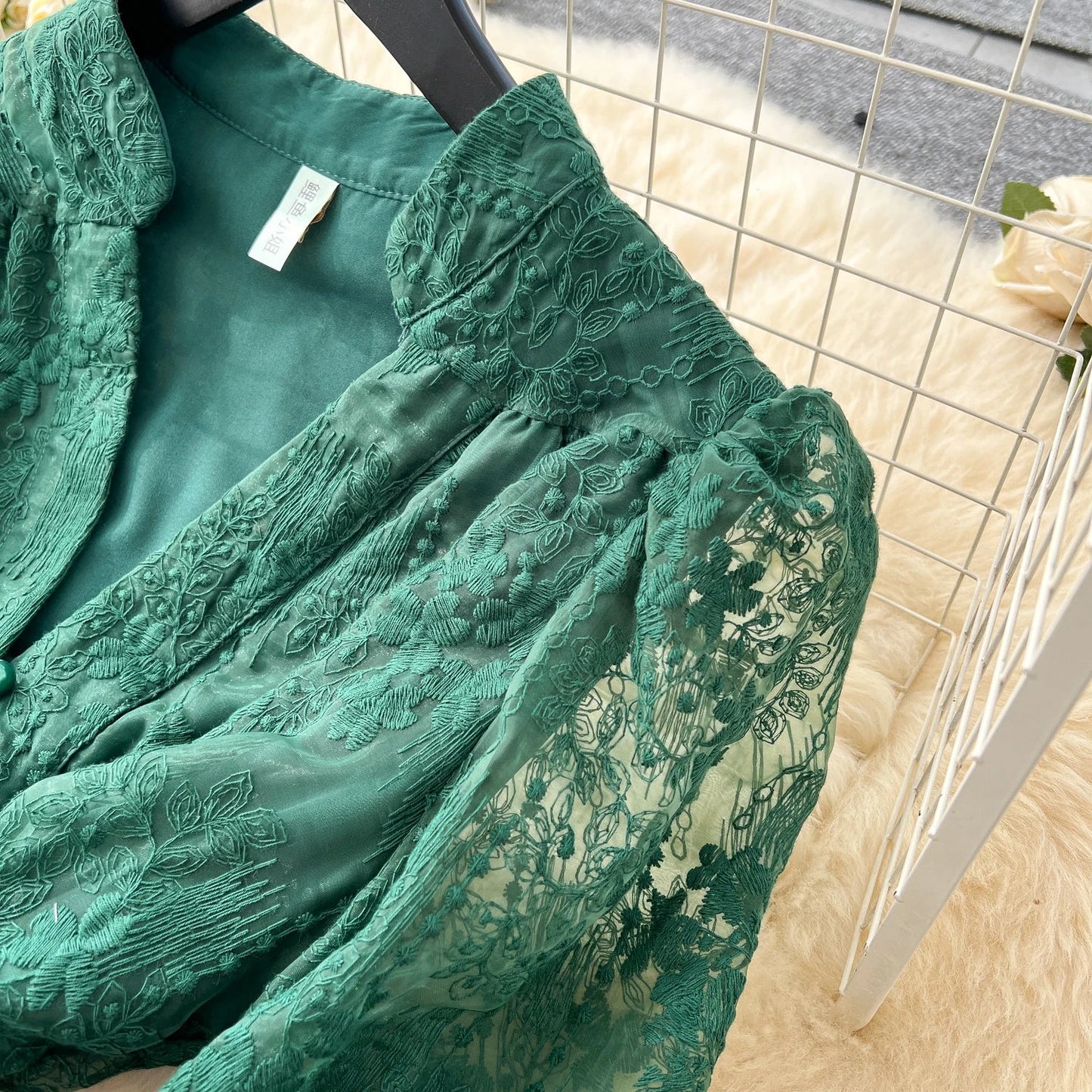High-End Women's Dress Heavy Embroidery A-Line Long Skirt V-Neck Lantern Sleeve Single Button High Waist Korean Style Commute