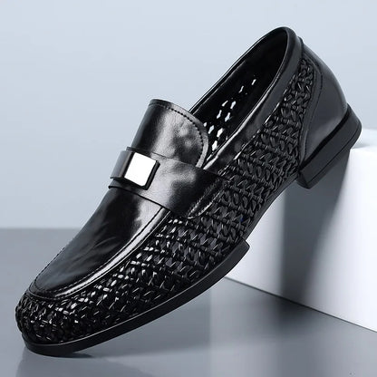 2026 Summer New Hallow Leather Shoes for Man Black Woven Breathable Elegant Shoes Man Fashion Business Loafers Male