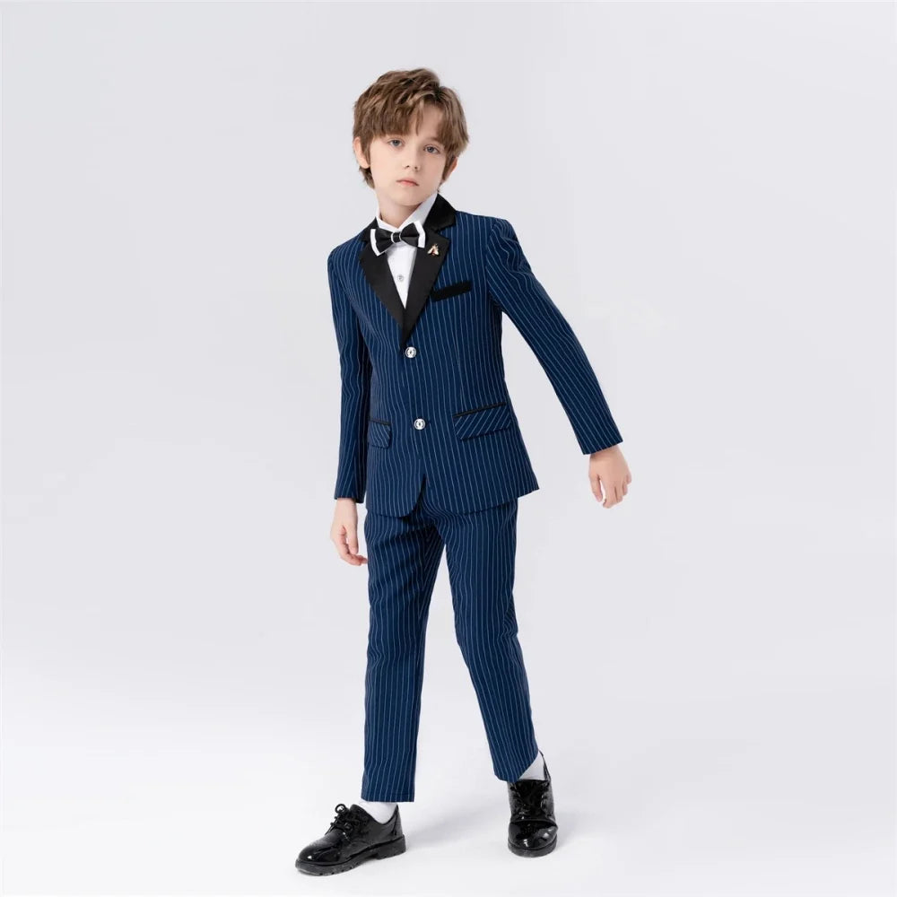 Elegant Boys 4 Pieces Blazer Pants Bow-tie Brooch Host Costumes Popular Classic Child Lapel Suit Set For Birthday Wedding Party