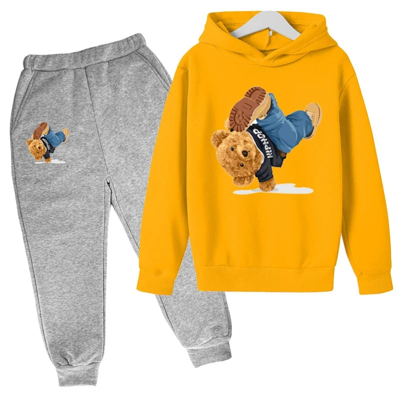 Kids Hoodie Set Cotton Top Pants 2pcs Sets Spring/Autumn Children's Clothing Street Dance Cartoon Bear Print Boys Girls Tops