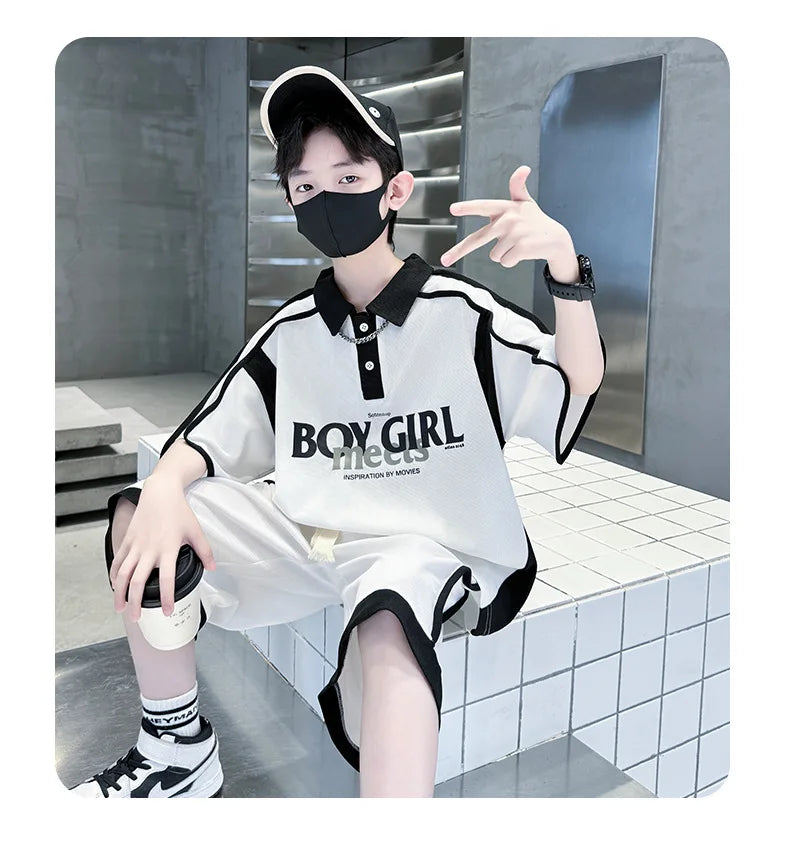 Summer Boys Patchwork Alphabet Preppy T-Shirt Tops+Drawstring Shorts Pant Set School Kids 2PCS Tracksuit Children Outfits 5-16Yr