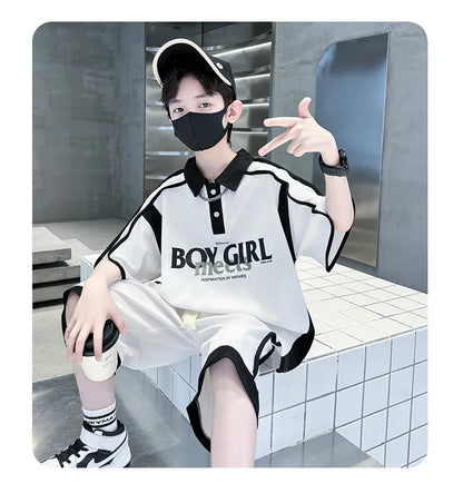 Summer Boys Patchwork Alphabet Preppy T-Shirt Tops+Drawstring Shorts Pant Set School Kids 2PCS Tracksuit Children Outfits 5-16Yr