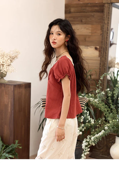 French Summer Shirts for Women 2025 Short Puff Sleeve Lace Colla Slimming Blouses Female Sweet Fashion New MXE35X1827