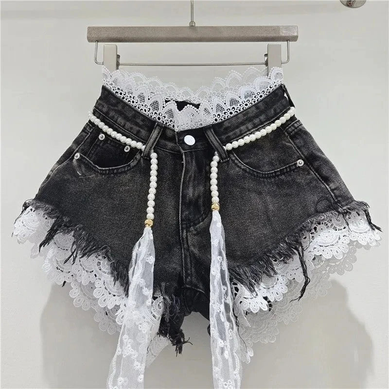 2026 Summer Denim Shorts New Splicing Hook Flower Lace Lace with Waist Rope Tassel Denim Shorts Women's Hot Pants Trend
