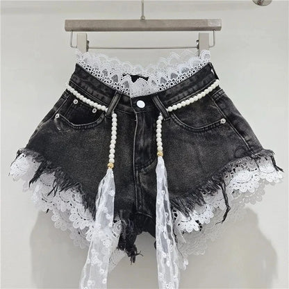2026 Summer Denim Shorts New Splicing Hook Flower Lace Lace with Waist Rope Tassel Denim Shorts Women's Hot Pants Trend