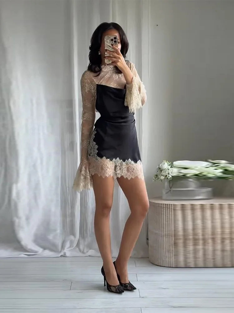 Elegant Lace Trim Satin Dress Women High Neck Color Block Full Sleeve Y2K Mini Dresses 2026 Spring Lady New Sexy Party Clubwear