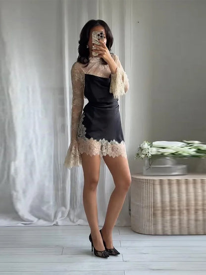 Elegant Lace Trim Satin Dress Women High Neck Color Block Full Sleeve Y2K Mini Dresses 2026 Spring Lady New Sexy Party Clubwear