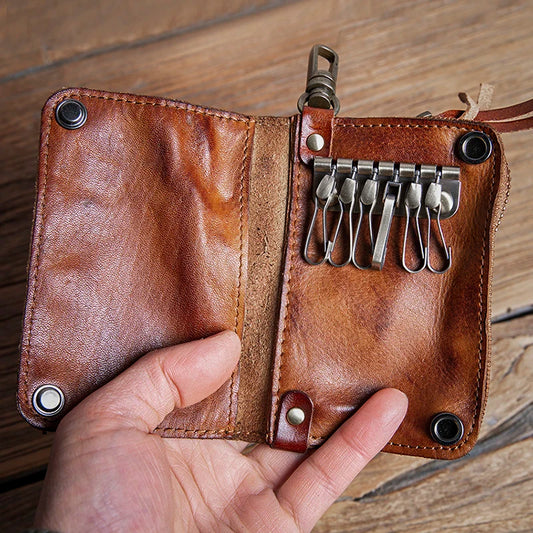 GURO Sac à Clés en Cuir Véritable de Haute Qualité Hommes Femmes Housse de Clé de Voiture à Accrocher à la Ceinture Organisateur Étui Porte-Cartes Multifonctionnel Porte-Monnaie