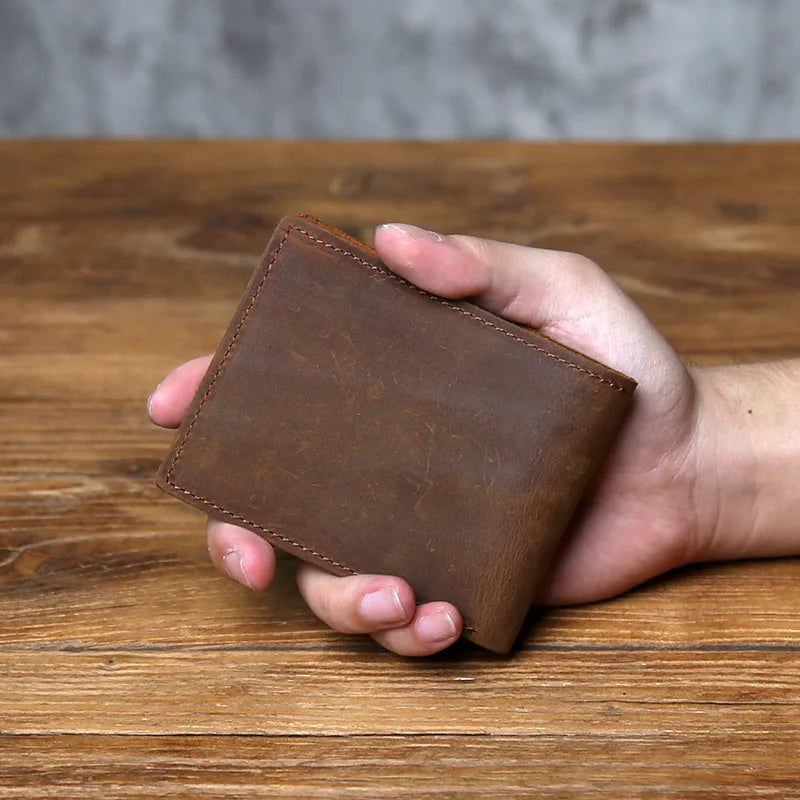 Retro Men's Genuine Leather Wallet Top Layer Cowhide Short Wallet with Crazy Horse Leather Zero Wallet Card  ID Bag