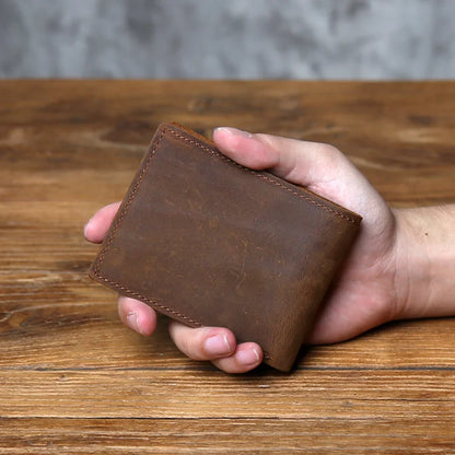Retro Men's Genuine Leather Wallet Top Layer Cowhide Short Wallet with Crazy Horse Leather Zero Wallet Card  ID Bag