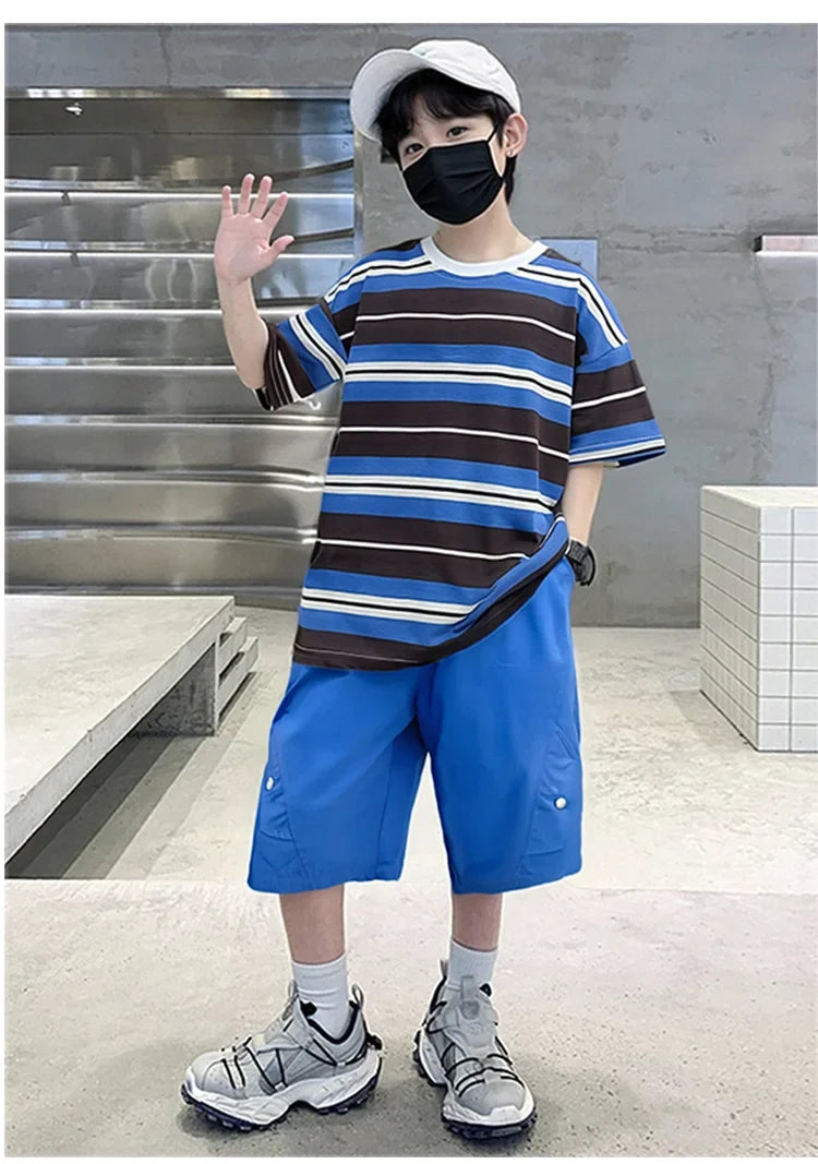 Elegant Children Summer Suit Outfit for Boy Striped Top and Bottom Set Kids Teenagers Cotton T-shirt Shorts 2 Pieces Clothes Set