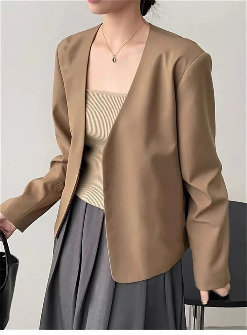 2025 Spring Autumn Fashion New Women's Suit Jackets Solid Short Coats Korean Blazers Long Sleeve Cardigan Coat Without Placket