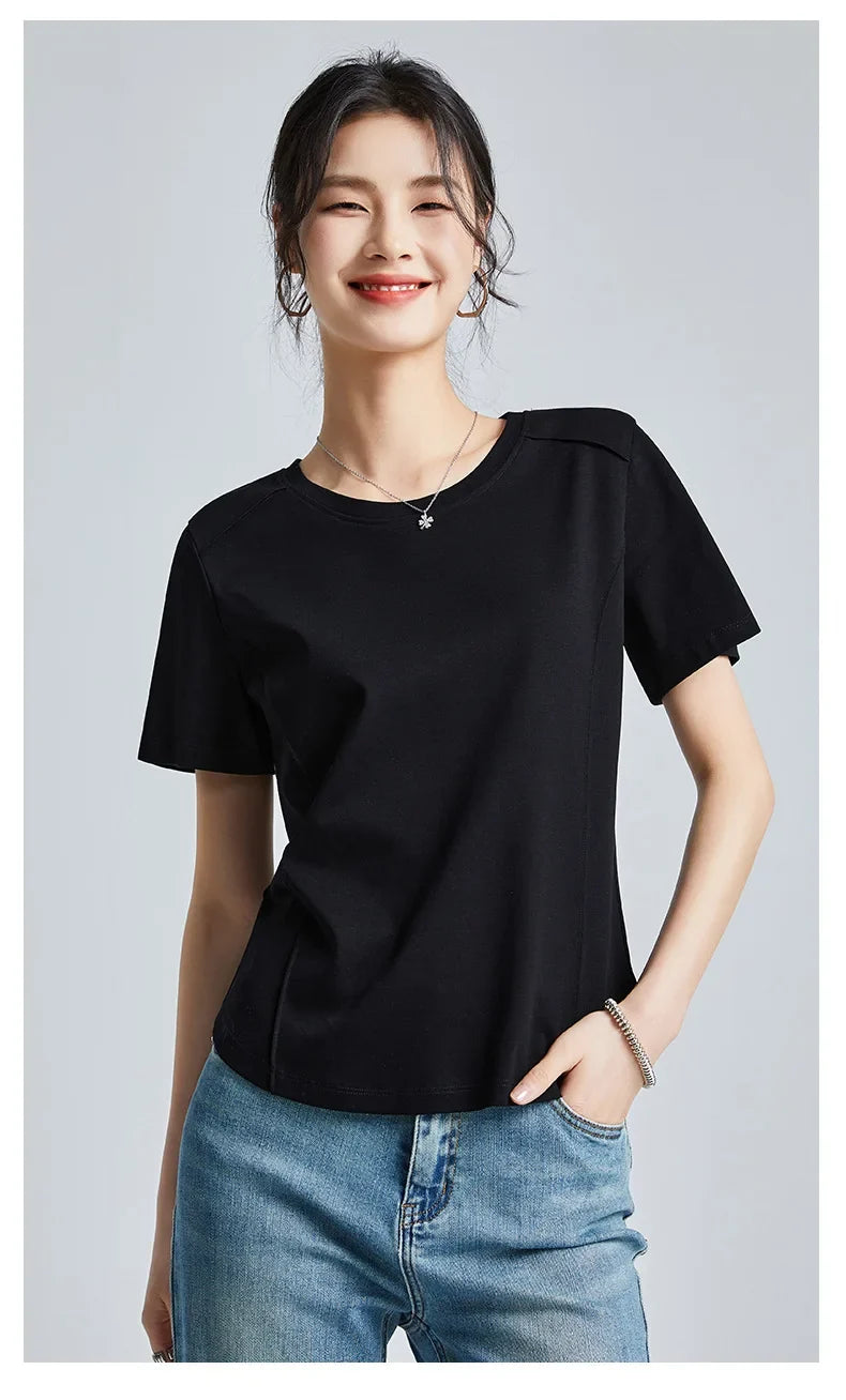 Summer Women's White Mercerized Cotton T-Shirt | 3D Stitching Round Neck Basic Top | Plus Size Slim Fit Layered Casual Blouse