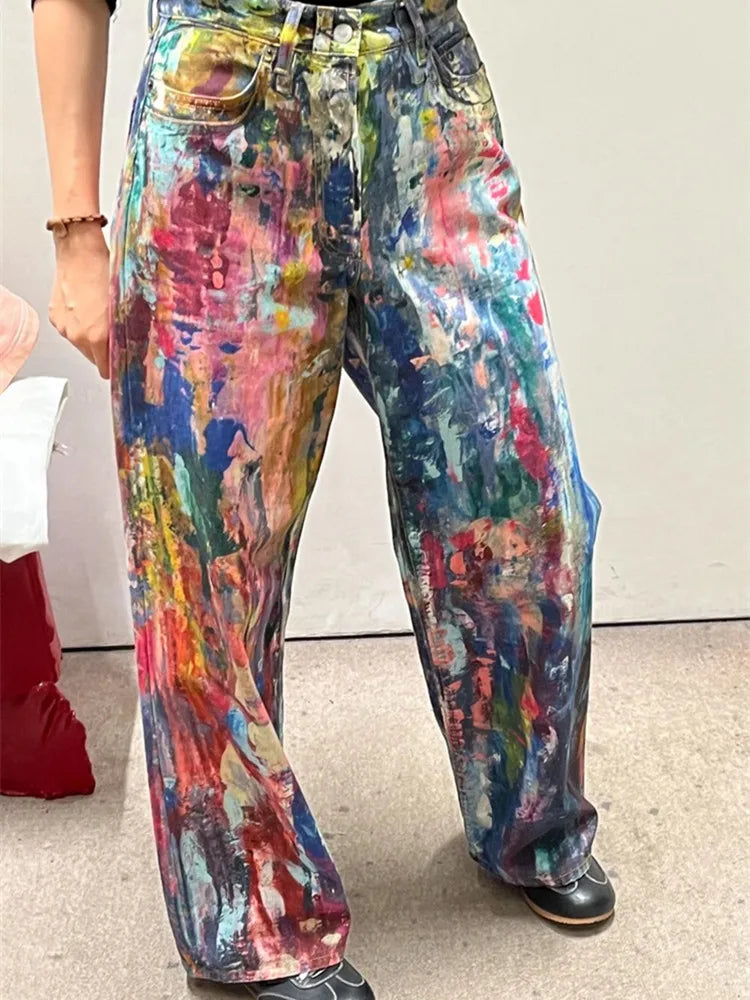 2026 Ropa Y2K Streetwear Graffiti Painting Baggy Jeans Pants For Men Designer Clothes Colorblock Kanye Wide Leg Denim Trousers