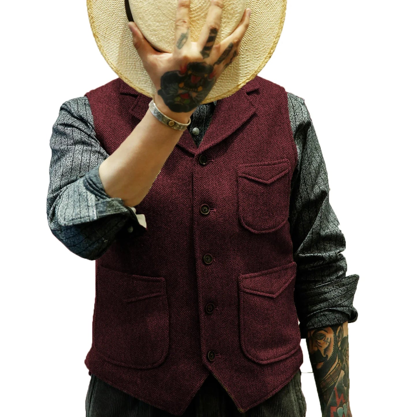 Men's British Casual Suit Vest Herringbone Tweed Vest Notch Lapel Business Dress Waistcoat