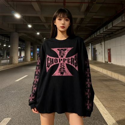 American Style Streetwear Quality Waffle Fabric Printed Tops Oversized Long Sleeves Tee 100%Cotton Vintage T Shirt Men Woman