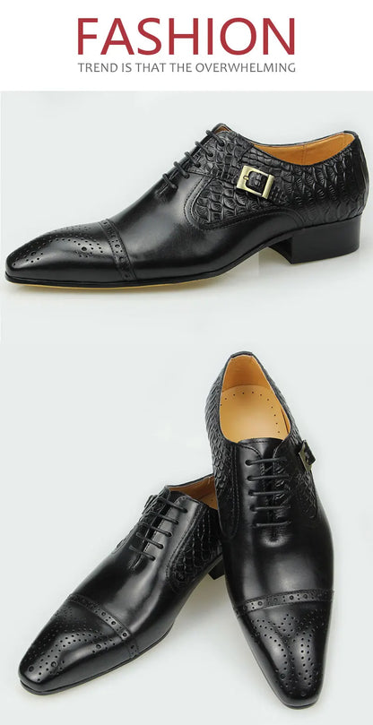 Newest High-end Leather Shoes Dress Oxford Brogue Wedding Party Formal Shoe for Men Lace Up Luxury Fashion Leather Metal Buckle