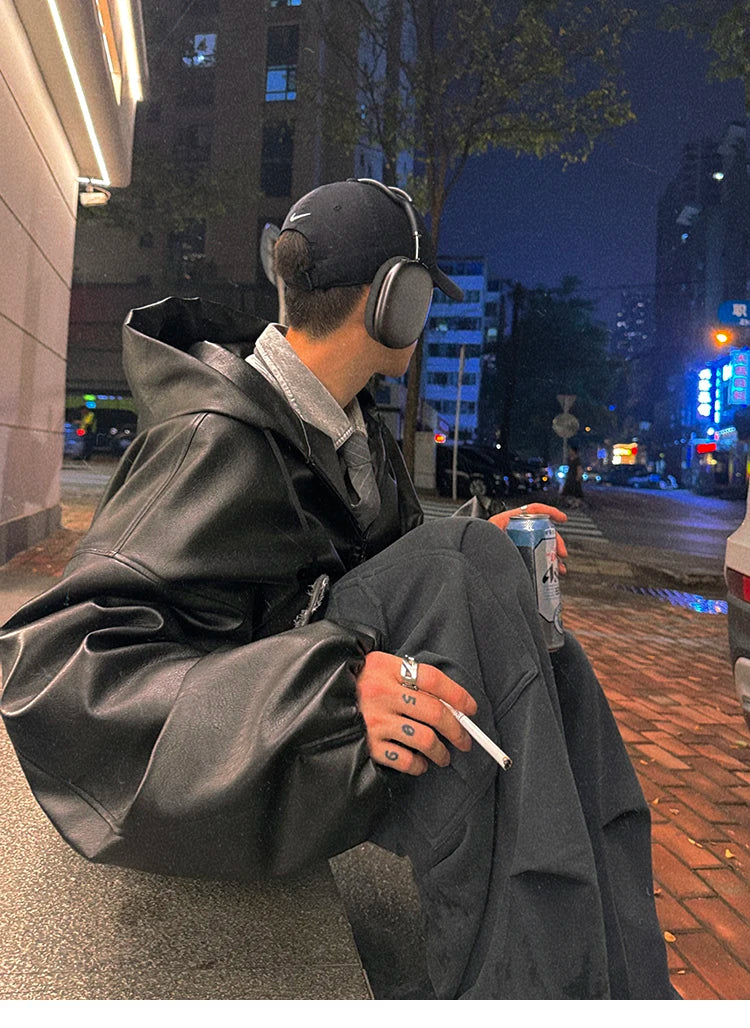 Spring Autumn Short Oversized Black Soft Pu Leather Jacket Men with Hood Zipper Loose Casual Korean Fashion Clothes