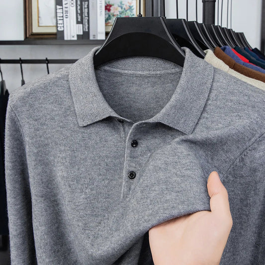 Original Quality Men's Polo Shirt Exquisite Simple Long Sleeve Knitted Lapel Sweater Autumn Winter Business Casual Menswear Top