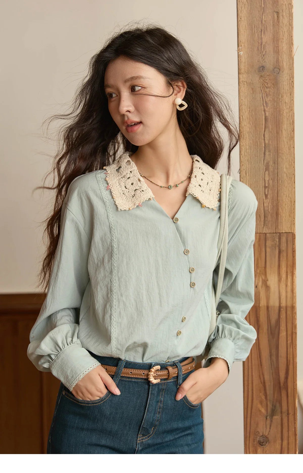 Women's Linen Shirt 2025 Autumn Contrast Apricot Lapel Shirts Long Sleeve Curved Placket Tops Office Lady MXE43C2387