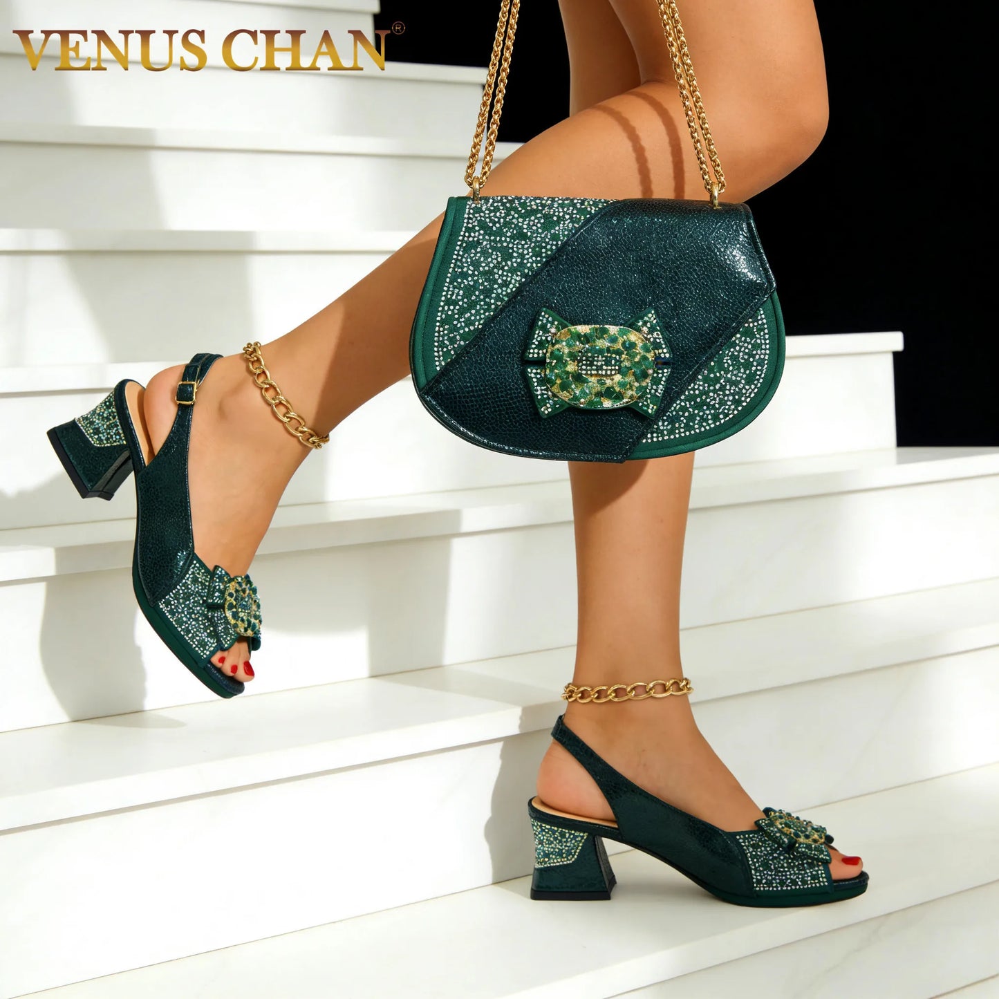 2026 INS Green Elegant Women's High Heel Shoes and Rhinestone-Embellished Bag Set - Perfect for Any Occasion