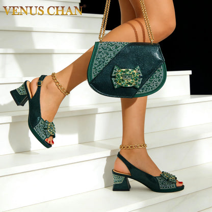 2026 INS Green Elegant Women's High Heel Shoes and Rhinestone-Embellished Bag Set - Perfect for Any Occasion