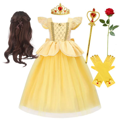 Belle Princess Dress Girls Cosplay Beauty and The Beast Cinderella Snow White Costumes Kids Halloween Carnival Clothes