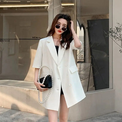 Korean Fashion Loose Thin Blazer Women Spring Autumn New Extra Large Mid Length Short Sleeved Women Coat Casual Outwear