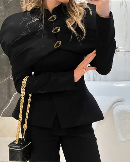 Black Elegant Blazer For Women 2025 Autumn Fashion Gold Buttons Patchwork Jacket Coat Party Vintage Commuter Suit Jacket