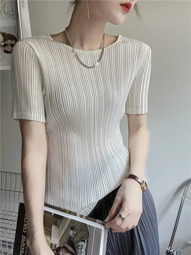 Miyake Pleated Short Sleeve Women's 2023 Summer New Thin Stretch Crew Neck All-Matching Slim Fit Pleated Hollow T-shirt Women