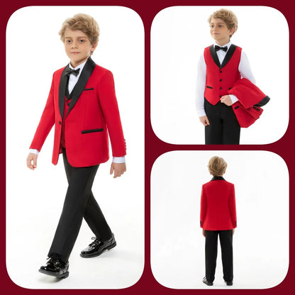 Vibrant Contrast Lapel Boy's Suit Bold Red & Black For Boys 4-Piece Suit Sleek Formal Ring Boys Includes Blazer Vest Pants