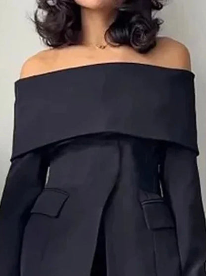 Yeezzi 2025 New Office Lady Commute Off-The-Shoulder Blazer Women Long Sleeves Solid Color Split-Front Zipper Formal Outerwears