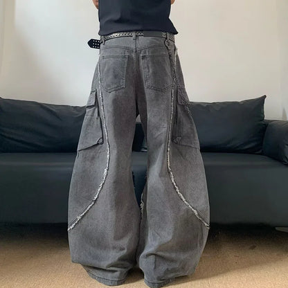 Autumn/Winter Korean Vintage Splicing Hairy Zipper Micro Horn Jeans Men's Loose Straight Leg Pants Fashion High Street Jeans