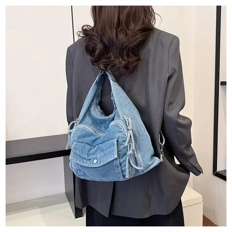Solid Color Denim Trendy Shoulder Bag for 2025 High Quality Fashion Zipper Large Capacity Versatile Women's Crossbody Bag