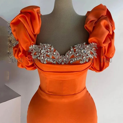 Customized Prom Dress Mermaid Puff Sleeves Women's Formal Party Dresses Long Sweetheart Luxury Crystal Satin Evening Gown Orange