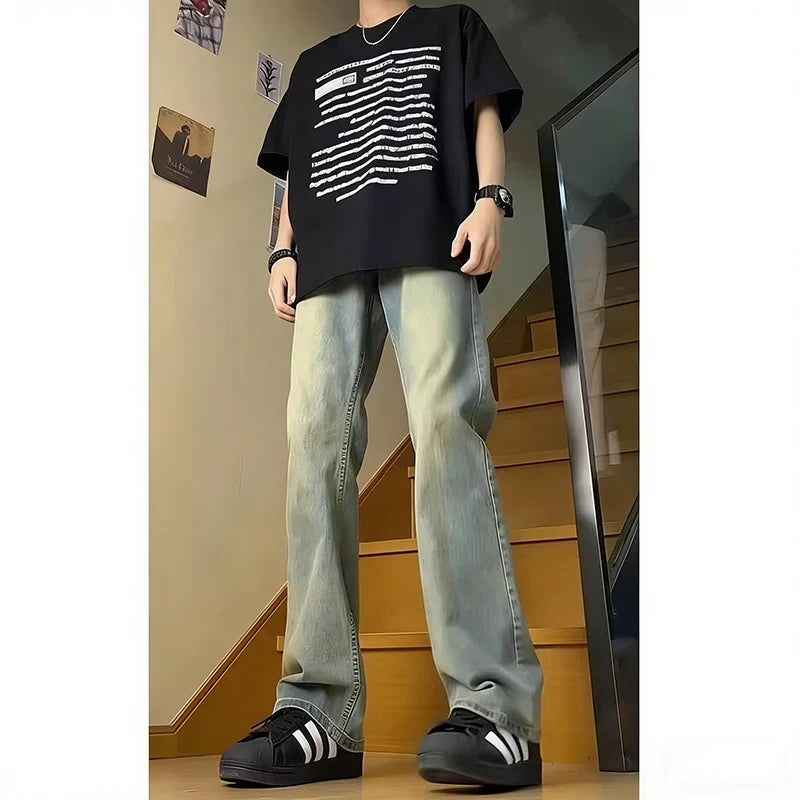 Men New Versatile American Style Vintage Blue Jeans Spring Autumn Trend Baggy Straight Leg Comfortable Men's Denim Trousers