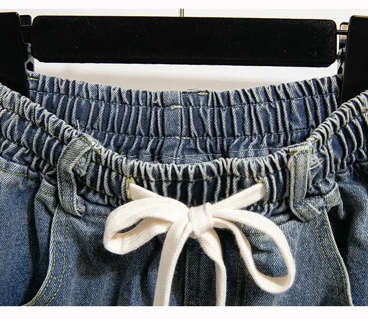High Waist Wide Leg Cotton Denim Dstring Loose Fit Women's Autumn 2024 Slimming Effect Pure Cotton Casual Trousers